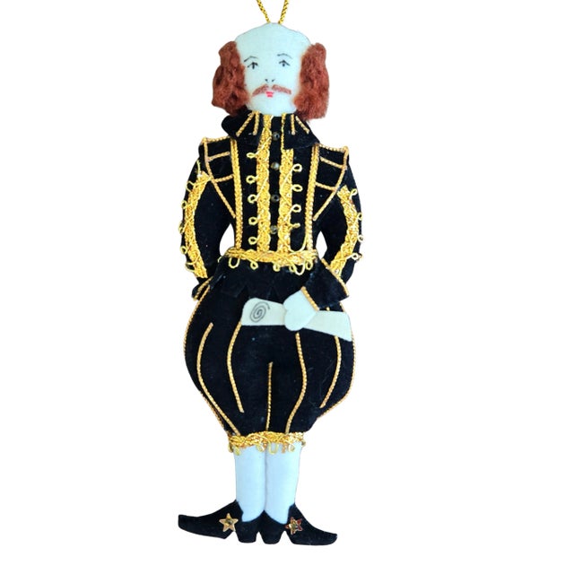 Handmade William Shakespeare and jesters fabric Christmas ornaments detailed and embellished with metallic threads and...