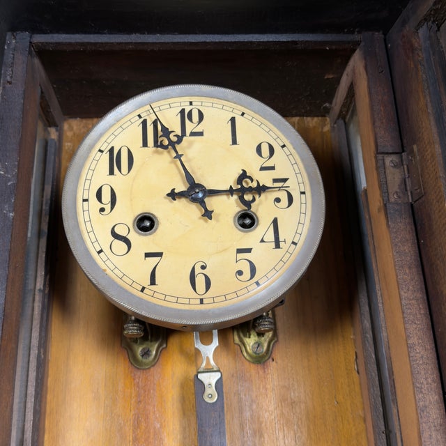 Metal Early 20th Century Antique Wooden Mechanical Pendulum Wall Clock with Mirrors For Sale - Image 7 of 13