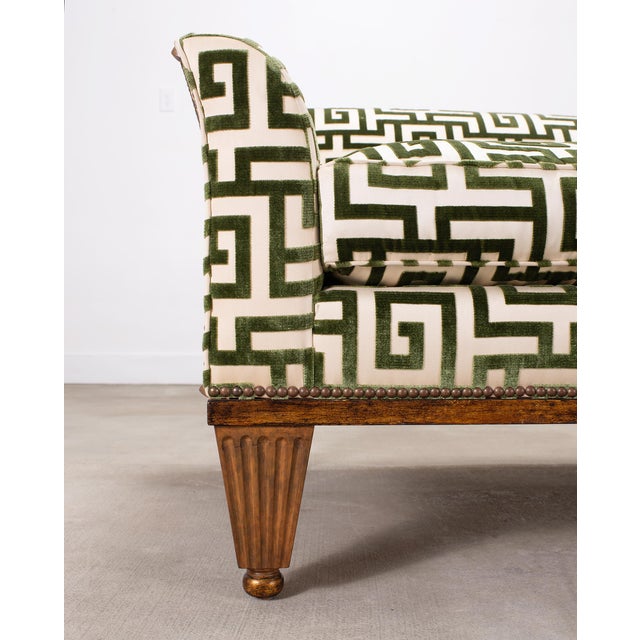 Metal 20th C. Art Deco Style Greek Key Velvet and Raffia Settee For Sale - Image 7 of 18