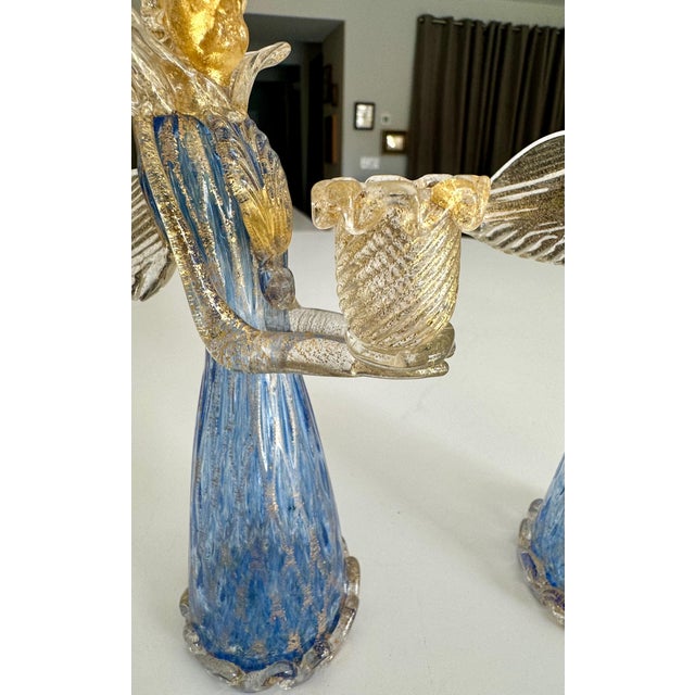 Pair Murano Venetian Blue & Gold Glass Angel Candle Holders For Sale - Image 10 of 12
