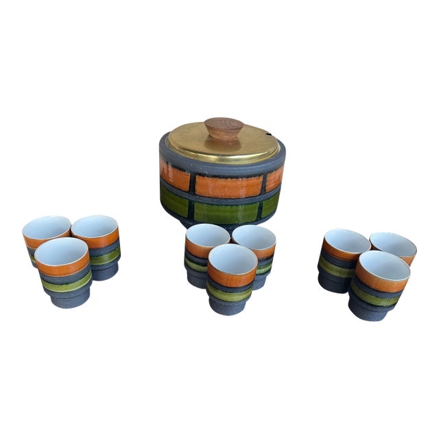 Mid20 th Century Brutalist German Pottery WGP Punch Bowl and Cups - 10pcs For Sale