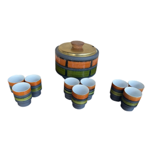 Mid20 th Century Brutalist German Pottery WGP Punch Bowl and Cups - 10pcs