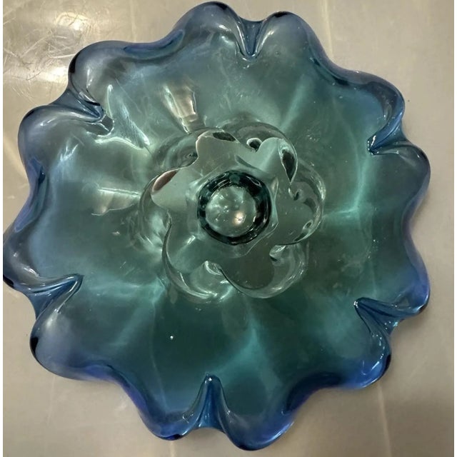 This Royal Gallery Poland Murano style large heavy floral art glass hand-blown bowl in blue and green ocean colors is a...