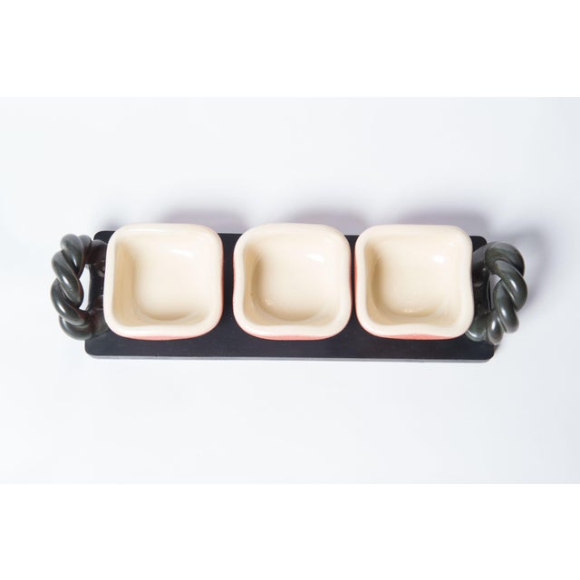 One of a kind French 1950s three dish serving tray or snack tray. Large twisted-"braided' ceramic handles. Three thick...