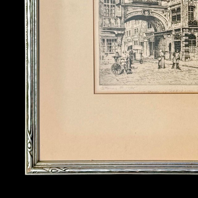 Tan 1930s French Cityscape Etching “Gros Horloge” in Rouen, Signed W/ Art Deco Frame For Sale - Image 8 of 9