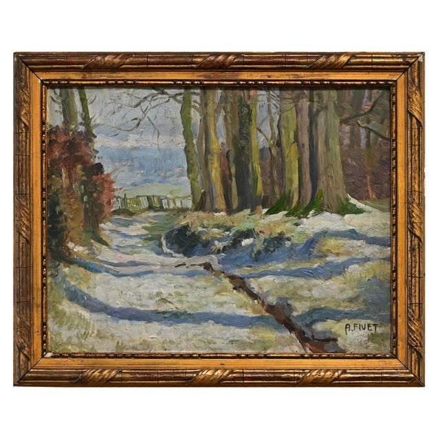 Brown French Vintage Framed Winter Landscape Painting For Sale - Image 8 of 8
