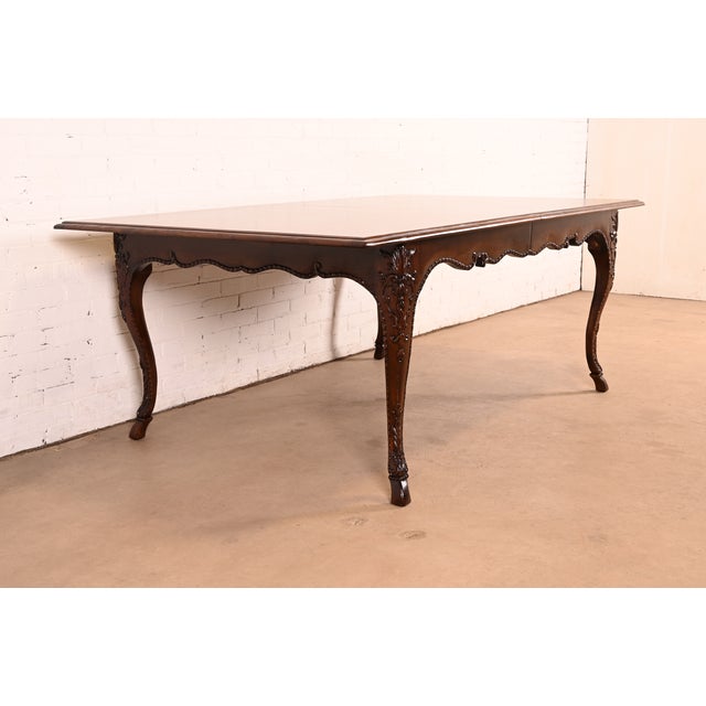 Baker Furniture Italian Provincial Carved Cherry and Burl Wood Extension Dining Table, Newly Refinished For Sale - Image 11 of 18