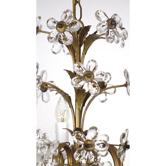 Hollywood Regency Antique Italian Gold-Plated Metal Crystal Flowers Chandelier, 1950s For Sale - Image 3 of 17