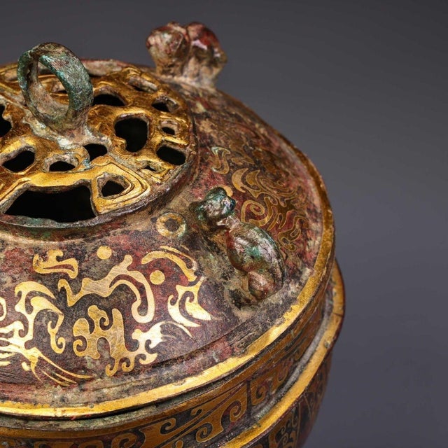 Vintage Chinese Bronze Stemmed Incense Burner, Intricate Gold Inlaid Scroll & Geometric Motifs, Chinoiserie Archaic Censer For Sale - Image 4 of 10