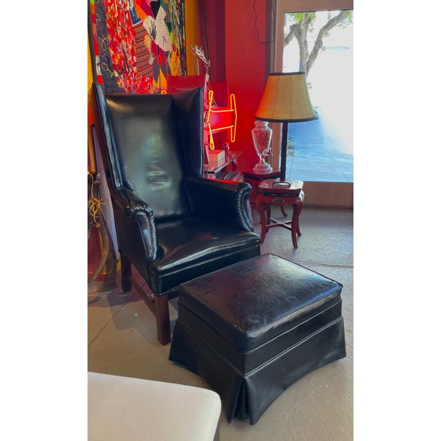 English Patent Leather English Wingback Chair and Ottoman For Sale - Image 3 of 12