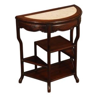Asian Style Demilune Marble Top Side Table With Tiered Shelves For Sale