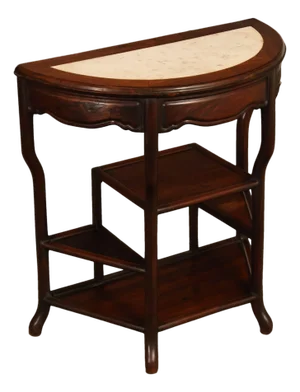 Asian Style Demilune Marble Top Side Table With Tiered Shelves