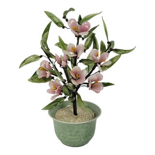 Vintage Pink Jade Green Ware Art Glass Flower Cherry Blossom Tree Bonsai Potted Plant Sculpture For Sale