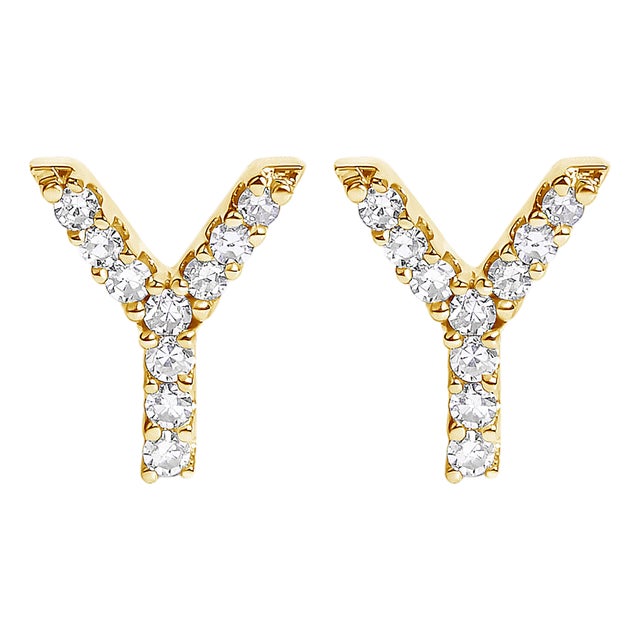 10K Yellow Gold 1/10 Cttw Diamond 'Y' Initial Stud Earring For Sale