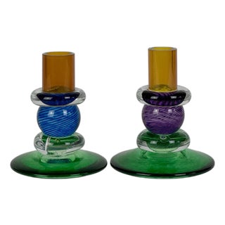 Pair of Vintage Chatham Glass Jewel Series Short Multicolor Glass Candlestick Holders For Sale