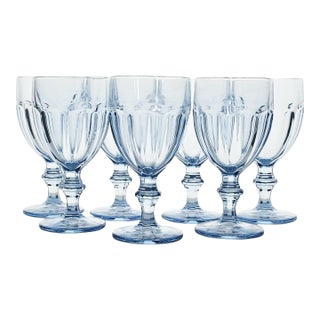 Mid 20th Century Libbey Gibraltar Misty Blue DuraTuff Goblets Set of 7 For Sale