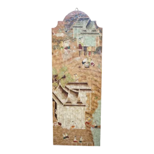 Vintage Lacquered Chinoiserie Painted Hanging Panel Pagoda Village Scene Screen Attributed to Maitland Smith