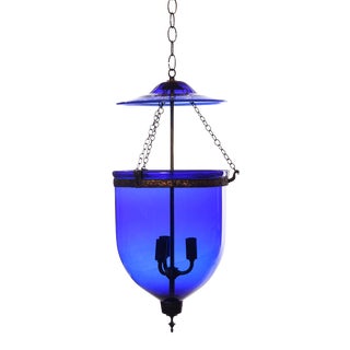 Vintage Large Deep Indigo Blue Glass Bell Jar Pendant Light For Sale