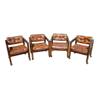 1970's Kroehler Mid Century Modern Vinyl Tufted Patchwork Rolling Wooden Dining Chairs - Set of 4 For Sale