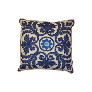 Barclay Butera Blue on Cream Beaded Pillow For Sale