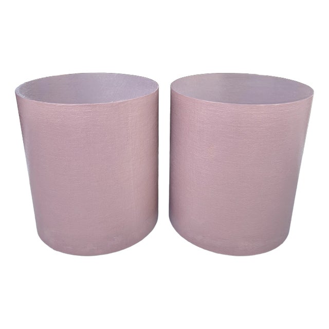 1980's Pair Cylindrical Grasscloth Covered Side Tables For Sale