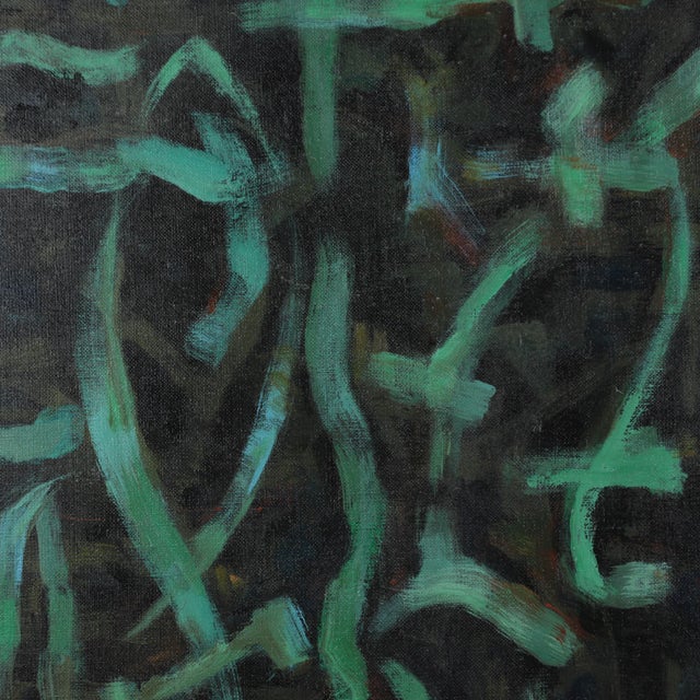 Vintage Abstract Green and Black Painting on Canvas For Sale In New York - Image 6 of 9