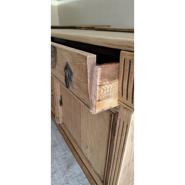Antique English Oak Sideboard With Bun Feet and Carved Details For Sale - Image 10 of 12