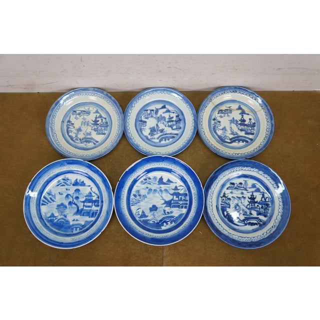 Antique 19th C Chinese Export Canton Blue White Porcelain Dinner Salad Plates - Set of 22 For Sale - Image 6 of 7