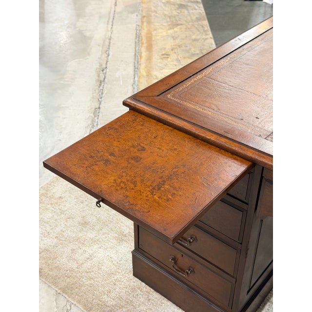 Antique English Georgian Mahogany Partners Desk With Tan Leather Inlaid Top and Brass Hardware For Sale - Image 9 of 9