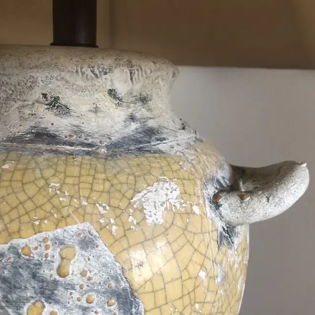 Abstract 1990s Yellow and Gray Crackle Glaze Ceramic Urn Shaped Lamp With Shade For Sale - Image 3 of 9