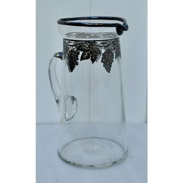 Glass Vintage Glass Grape Vines Sterling Silver Overlay Tall Pitcher W/Handle For Sale - Image 7 of 13