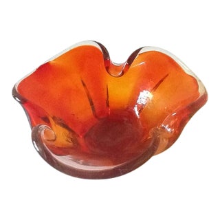 Red-Orange Hand-Blown Art Glass (Murano) Wavy/Ruffled Bowl For Sale