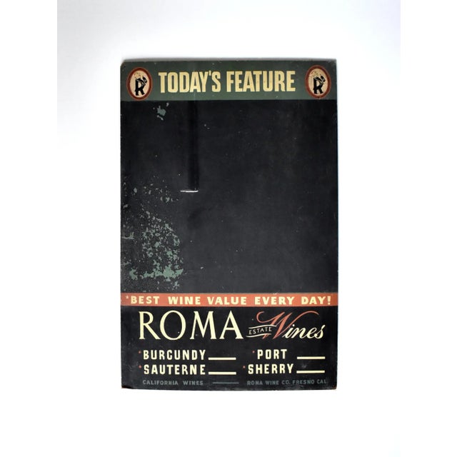 A vintage, mid-century advertisement menu chalkboard for "Today's Feature" from Roma Estate Wines, with Burgundy,...