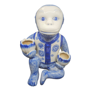 Vintage Chinoiserie Blue White Chinese Ceramic Monkey Candle Holder