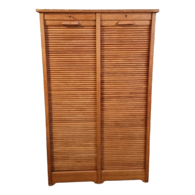 Vintage French Tambour Cabinet in Oak, 1960s For Sale
