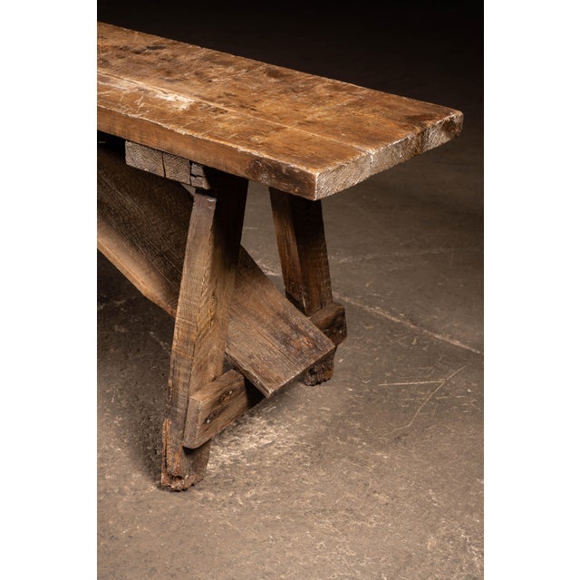 Wood Primitive Pine Trestle Work Bench For Sale - Image 7 of 12