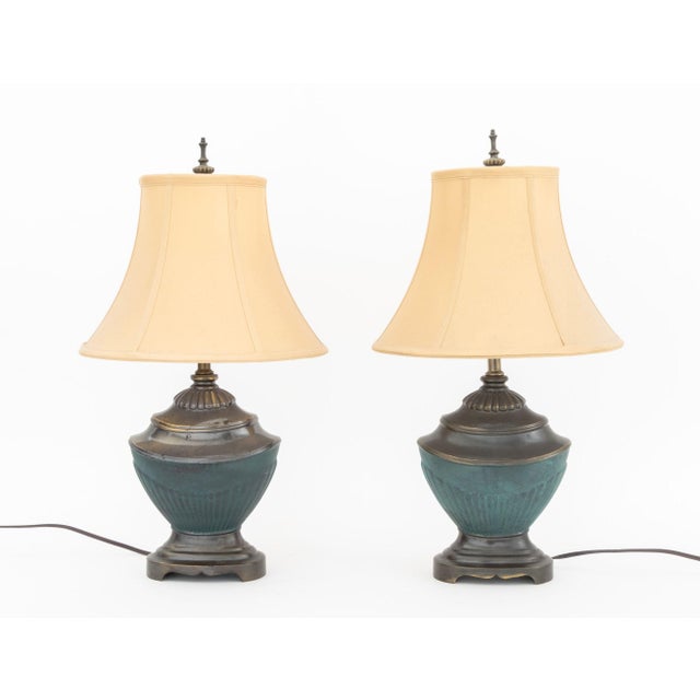 Verdigris Pair of Neoclassical Style Patinated and Verdigris Bronzed Metal Table Lamps For Sale - Image 8 of 8