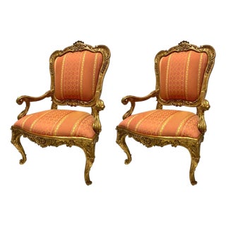 Pair of 20th Century Italian Hand-Carved Water Gilt Armchairs For Sale