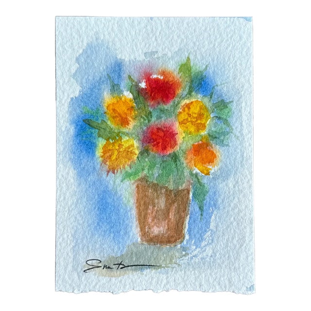 “Potted Flowers” Signed Original Watercolor Botanical by Nancy Smith For Sale