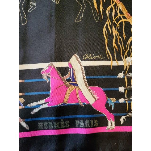 Hermes France Carre 90 Kermit Oliver Native Pani La Shar Pawnee Black Silk Scarf For Sale In Portland, OR - Image 6 of 11