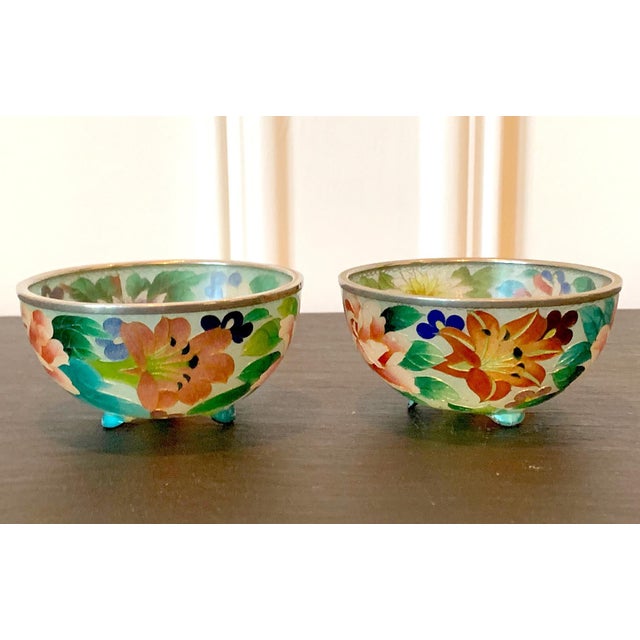 A pair of small but exquisite Plique-a-jour cloisonné bowls with nearly identical design from Nagoya area in Japan circa...