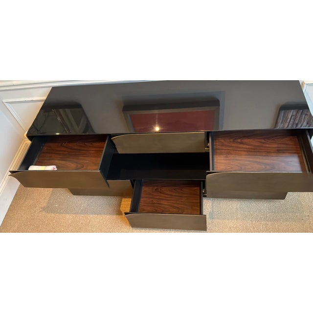 Original retail $6170 timeless Jonathan Charles Asian Modern Brass and Black Wood Hammersmith Sofa Table, six drawers,...