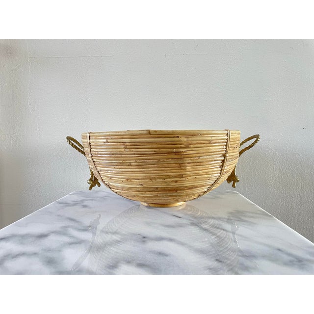 Gabriella Crespi 1970s Vintage Mid-Century Crespi Style Bamboo Brass & Rattan Bowl For Sale - Image 4 of 8