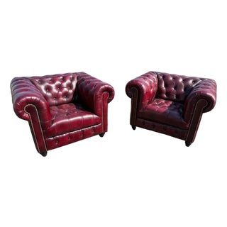 Pair of Vintage English Tufted Oxblood Leather Chesterfield Club Chairs For Sale