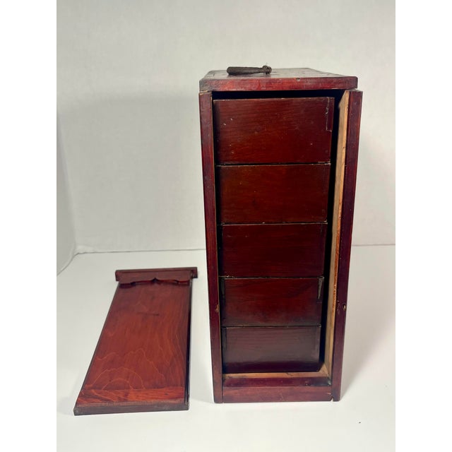 Wood Antique Meiji Period Japanese Red Lacquer Slide Lidded 5 Tiers Storage Box For Sale - Image 7 of 12