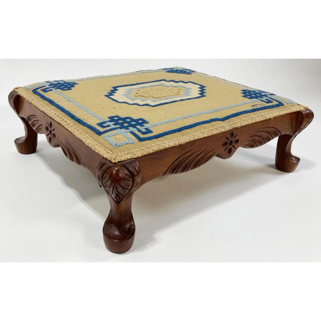 Early 20th Century Vintage Needlepoint Carved Wood Footstool For Sale - Image 5 of 9