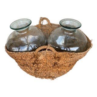Late 19th Century Set of 2 Green Glass French Demijohn Bottles with Woven Esparto Basket For Sale