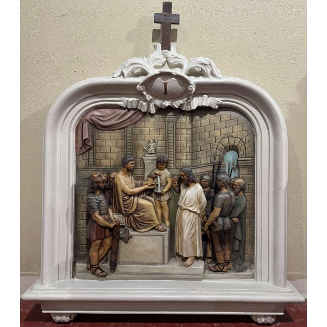 Gothic Complete Set of 14 19th Century French Polychrome Stations of the Cross Panels For Sale - Image 3 of 12