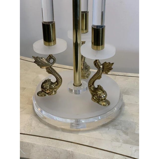 Maison Charles Clear & Frosted Lucite With Brass Dolphin Lamps in the Manner of Maison Charles For Sale - Image 4 of 13
