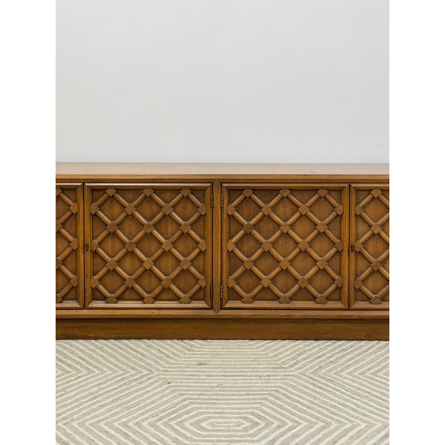 Drexel Collage MCM Low Console Lattice Door Faces Vintage Credenza Finished Back For Sale In Tampa - Image 6 of 16